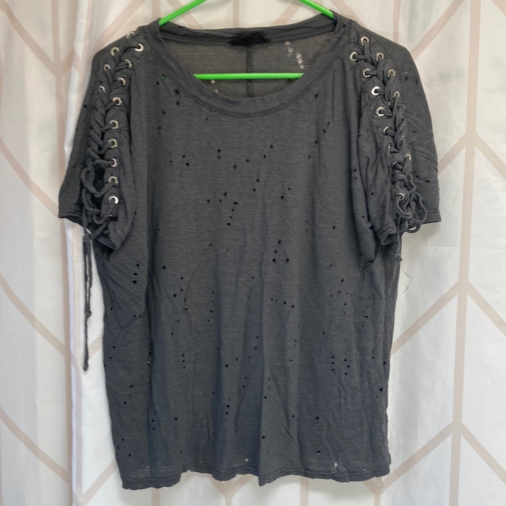 Olivacious laced shoulder distressed top